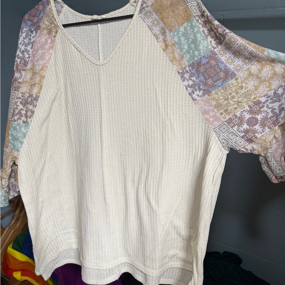 Patchwork Sleeve Cream Top